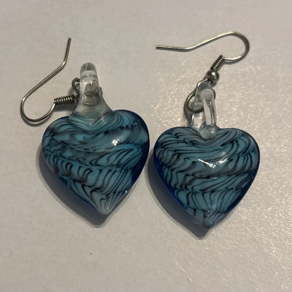 Blue Swirl Glass Heart Pendant Necklace on Leather Cord  & Earrings Murano Style